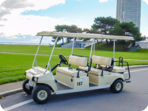 6 Person Golf Cart Rentals - A photo of an 6 person golf cart with the Perry's Monument in the background.